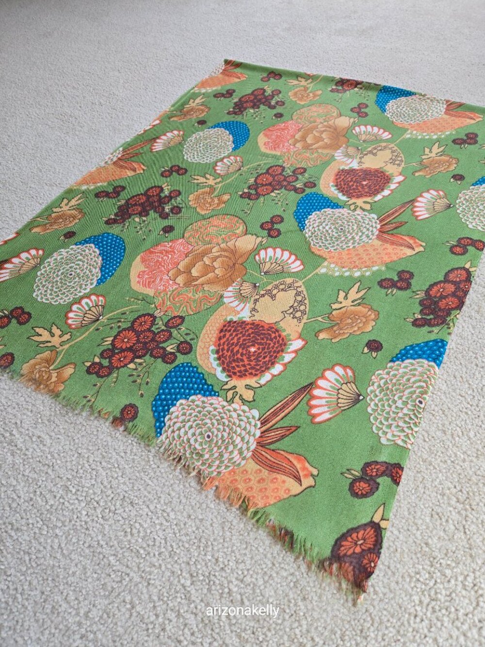 J. Peterman Scarf Wool/Silk Blend Botanical Flowers Green - Picture 10 of 14